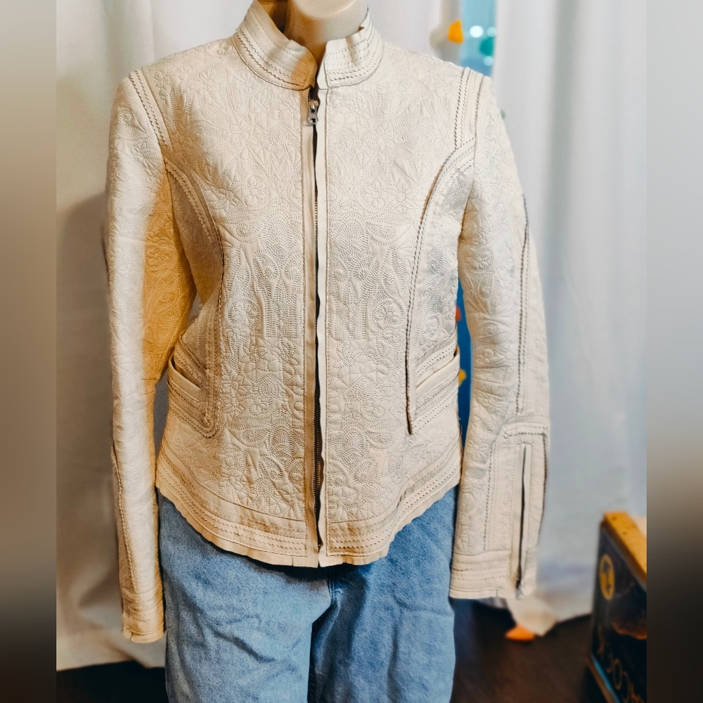 Peter Nygard filagree lace look Leather Boho cropped Biker Moto jacket Vintage 8